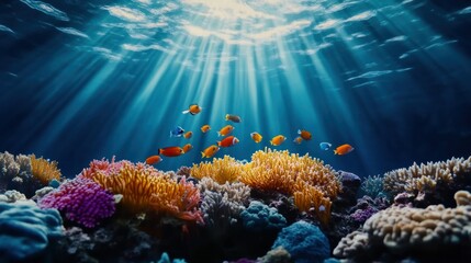 Fototapeta premium A hidden underwater world, colorful coral reefs teeming with exotic fish, rays of sunlight filtering through the ocean surface