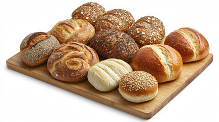 Assortment of bakery breads on wooden board, featuring round loaves with various toppings and textures, creating warm and inviting display