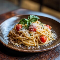 A vibrant plate of fresh pasta with cherry tomatoes and basil, topped with grated Parmesan cheese, served on a rustic ceramic plate