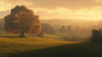 Obraz premium Sunrise illuminates solitary oak in misty pastoral valley