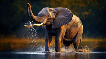 Fototapeta premium A massive African elephant spraying water with its trunk, creating a beautiful splash in the golden light of the late afternoon sun.