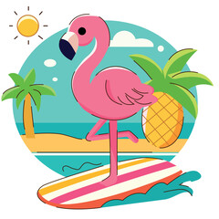 A bright summer illustration featuring a pink flamingo on a surfboard, surrounded by palm trees, a pineapple, a beach, and the sea. Vector illustration