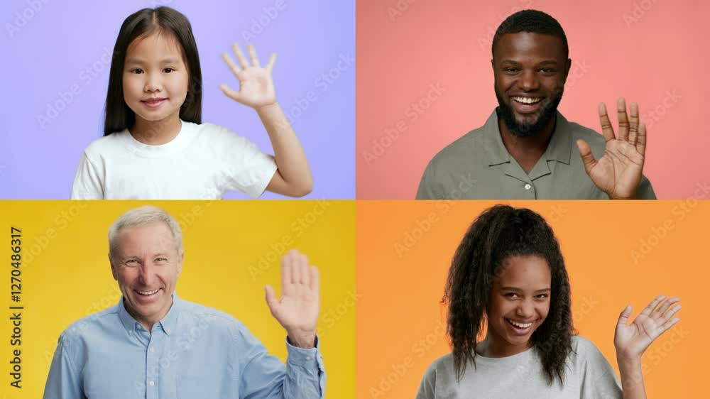 Poster a vibrant collection of diverse individuals from different backgrounds greeting with friendly waves.