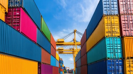 Fototapeta premium A massive shipping container yard filled with colorful stacked containers under a bright blue sky, with cranes in the background.