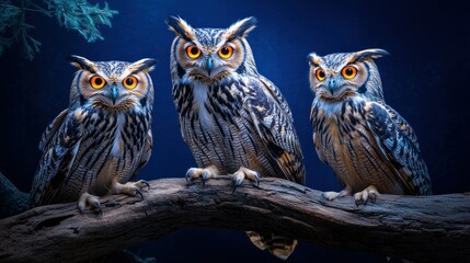 Obraz premium A nocturnal zoo exhibit featuring glowing-eyed owls perched on tree branches under dim, mysterious lighting