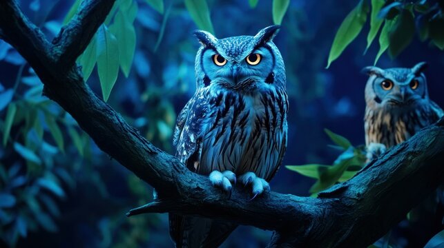 A nocturnal zoo exhibit featuring glowing-eyed owls perched on tree branches under dim, mysterious lighting