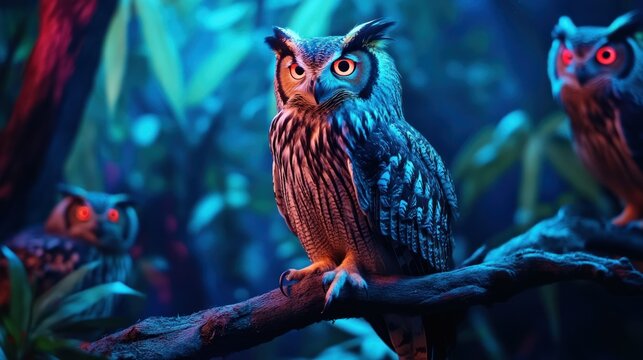 A nocturnal zoo exhibit featuring glowing-eyed owls perched on tree branches under dim, mysterious lighting