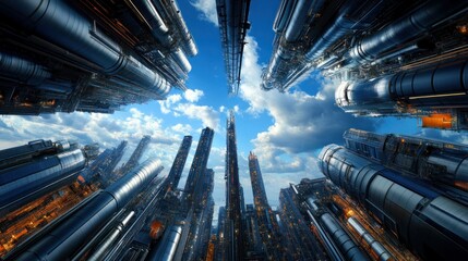 A panoramic shot of a modern oil refinery, featuring complex piping systems and giant storage tanks stretching toward the horizon.