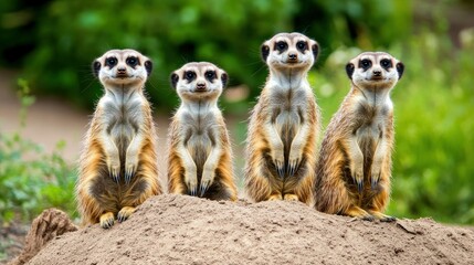 A playful group of meerkats standing upright on a sandy mound, curiously observing their surroundings in the zoo exhibit.