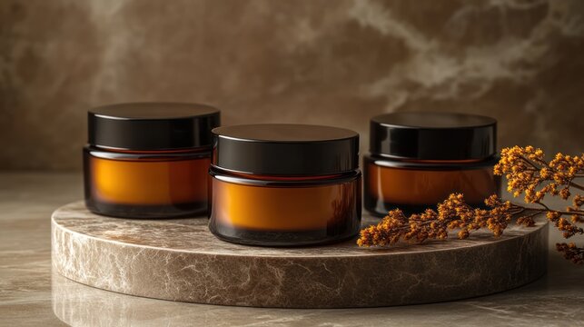 Amber jars, marble, autumnal background, skincare product display