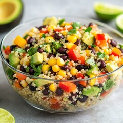 A vibrant quinoa salad with black beans, corn, bell peppers