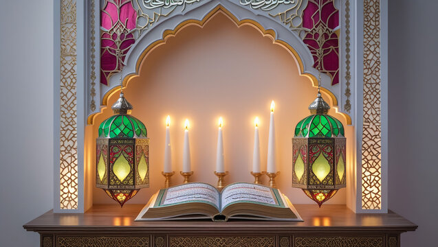 Muslim lamp and rehal with Koran for Ramadan on table against dark red background