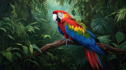 A rainbow-colored macaw perched on a branch, its brilliant blue, red, and yellow feathers contrasting against a lush green jungle background