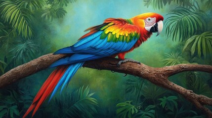 Obraz premium A rainbow-colored macaw perched on a branch, its brilliant blue, red, and yellow feathers contrasting against a lush green jungle background