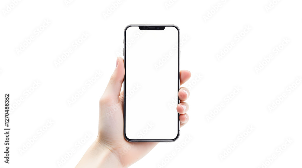 Poster closeup of hand holding modern smartphone with blank screen, isolated on white background, concept f