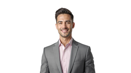 Confident businessman smiling in a gray suit with pink shirt, isolated on white background. Professional corporate portrait. Ai generative