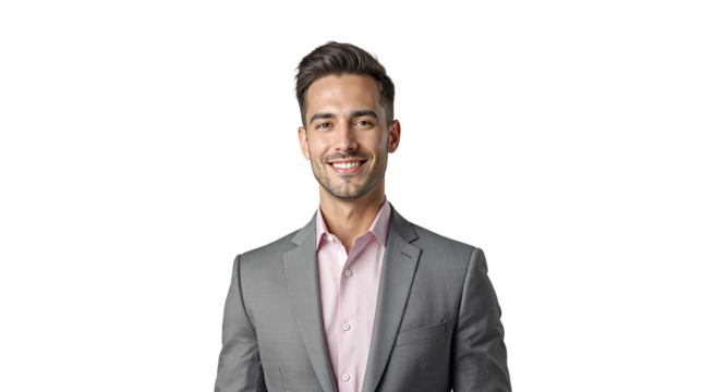 Confident businessman smiling in a gray suit with pink shirt, isolated on white background. Professional corporate portrait. Ai generative