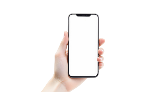 Closeup of hand holding modern smartphone with blank screen, isolated on white background, concept for app presentation or advertisement. Ai generative