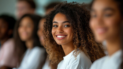 Obraz premium A female student in the foreground has curly hair and is wearing a white shirt and jeans, while the other students are wearing casual, generative AI