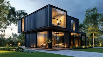A stylish two-story container home with a rooftop terrace, illuminated by warm outdoor lighting during sunset.
