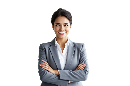 Professional woman in gray suit smiling with arms crossed, isolated on white background. Business confidence and leadership concept. Ai generative