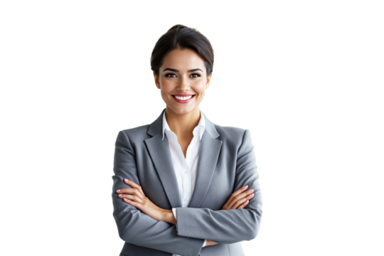 Professional woman in gray suit smiling with arms crossed, isolated on white background. Business confidence and leadership concept. Ai generative