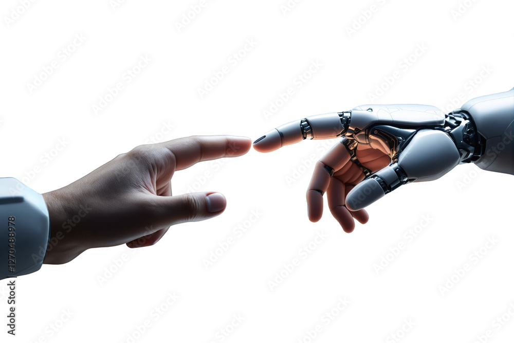 Poster human hand and robotic hand nearly touching on a white background, symbolizing technology, artificia
