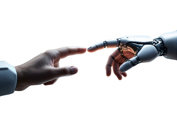 Human hand and robotic hand nearly touching on a white background, symbolizing technology, artificial intelligence, and human-machine connection. Ai generative