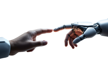 Human hand and robotic hand nearly touching on a white background, symbolizing technology, artificial intelligence, and human-machine connection. Ai generative
