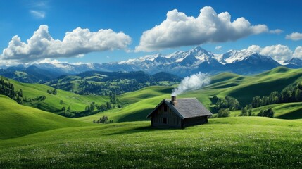 Obraz premium A tranquil countryside with rolling green hills, a small wooden cottage with smoke coming from the chimney.