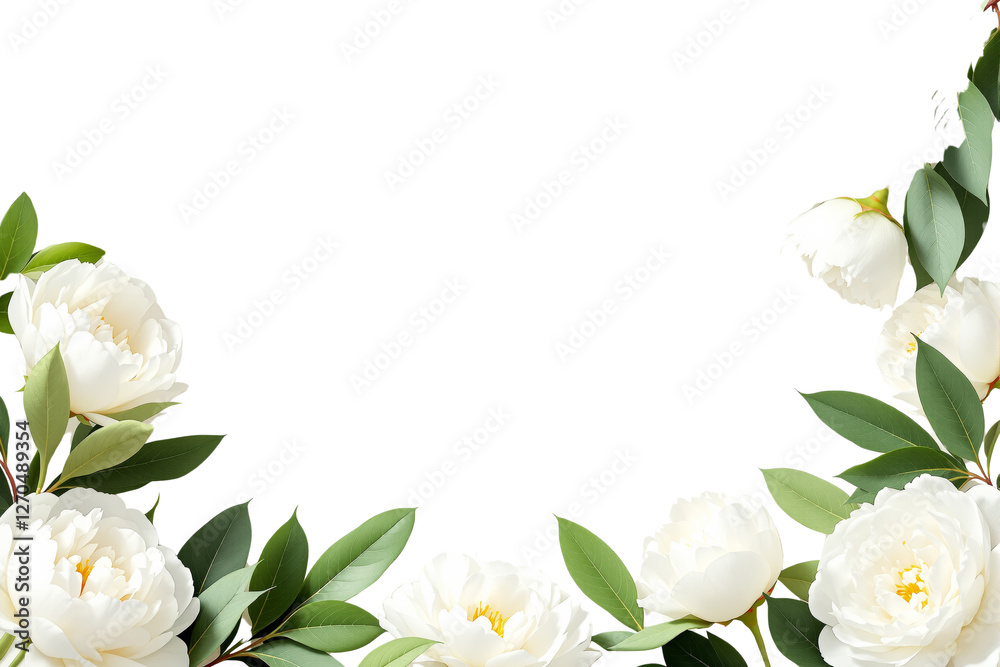 Poster white peonies with green leaves forming a floral border on a clean white background. elegant and del