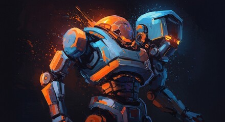 A powerful futuristic mech warrior with blue and orange armor, glowing lights, and a battle-worn look, standing against a dark background with dynamic paint splatter effects.