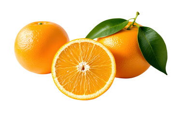 Whole and sliced oranges with green leaves on white background, showcasing freshness and juicy texture. Clean and bright fruit composition. Ai generative
