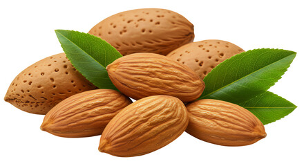 Pile of Fresh Almonds with Shells and Green Leaves Against on Transparent Background