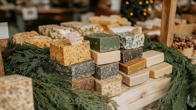 Handmade soaps displayed at Christmas market stall