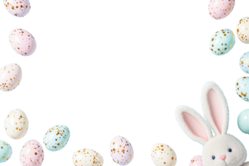 Festive Easter background with pastel-colored eggs and a plush bunny on a clean white backdrop. Holiday template for creative design. Ai generative