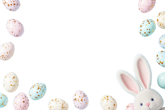Festive Easter background with pastel-colored eggs and a plush bunny on a clean white backdrop. Holiday template for creative design. Ai generative