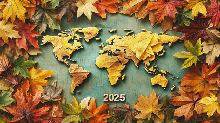 World map crafted from autumn leaves, surrounded by a border of colorful foliage, announcing "New 2025".