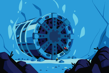 A colossal tunnel boring machine (TBM) actively excavating, showcasing its cutter head and the freshly cut tunnel face.  Detailed depiction of the machine's components and the rock/soil being removed.