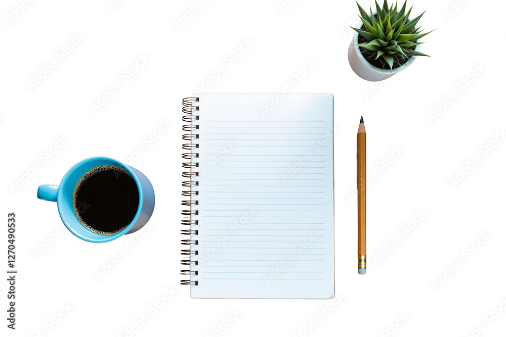 Poster top view of a notebook, pencil, coffee cup, and potted plant isolated on white background. clean lay