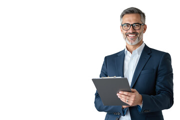 Businessman in suit with clipboard, smiling confidently, isolated on white background. Professional corporate concept. Ai generative