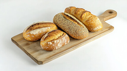 Freshly baked assorted breads on wooden cutting board, showcasing variety of textures and crusts, perfect for any meal or gathering