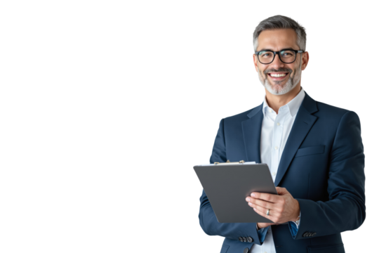 Businessman in suit with clipboard, smiling confidently, isolated on white background. Professional corporate concept. Ai generative - Powered by Adobe
