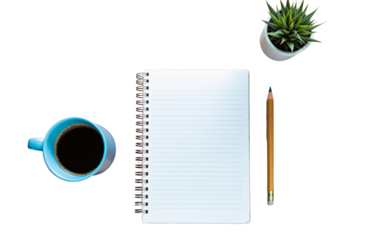 Top view of a notebook, pencil, coffee cup, and potted plant isolated on white background. Clean layout for workspace or productivity concept. Ai generative