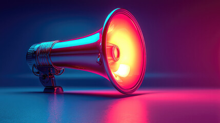 A vibrant, metallic megaphone glows with neon light on a dark reflective surface, suggesting announcement or communication.
