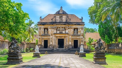 Obraz premium Ornate temple facade, statues, lush greenery, sunny day.