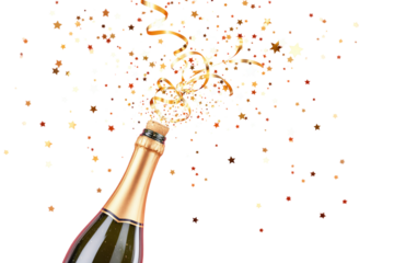 Champagne bottle popping with golden ribbons and star confetti, isolated on white background. Festive celebration concept. Ai generative