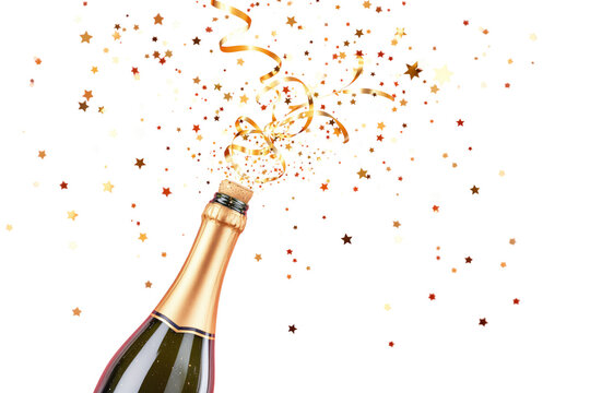 Champagne bottle popping with golden ribbons and star confetti, isolated on white background. Festive celebration concept. Ai generative