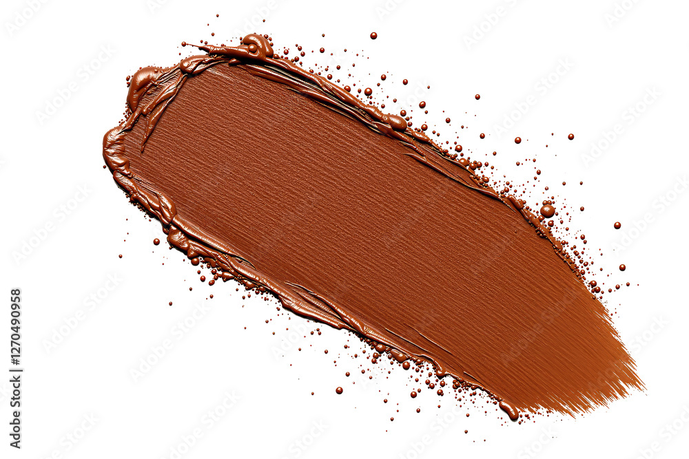 Poster smear of brown creamy cosmetic product with textured brush stroke and splattered drops on white back