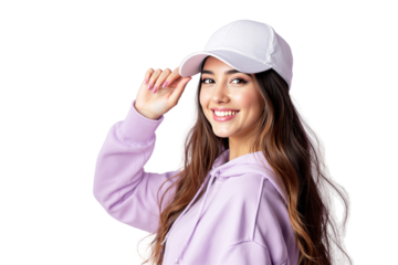 Happy woman wearing a lilac hoodie and white cap, adjusting it with her hand, smiling on a white background. Fashion and casual style concept. Ai generative
